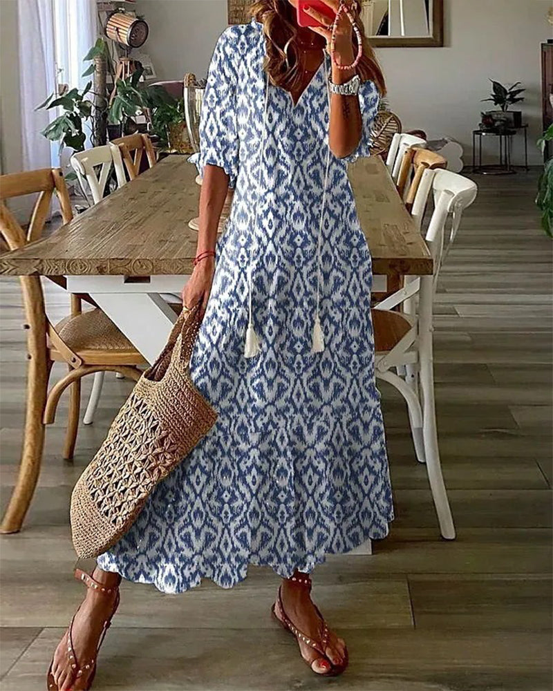 Boho tummy coverage dress, blue and white ikat diamond print, short sleeves