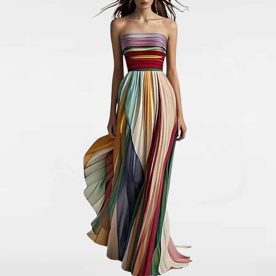 Strapless pleated maxi dress with multicolored horizontal stripes and flowing skirt