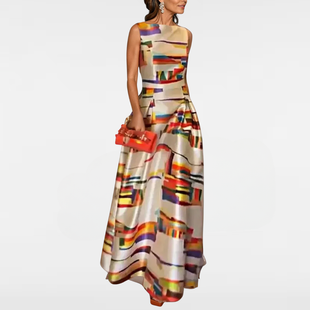 Sleeveless evening dress with high neckline, fitted waist, and abstract multicolor print