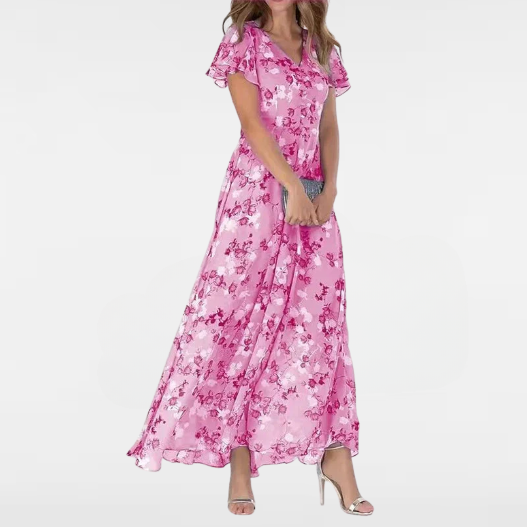Pink floral short-sleeve dress with V-neck and gathered midi skirt