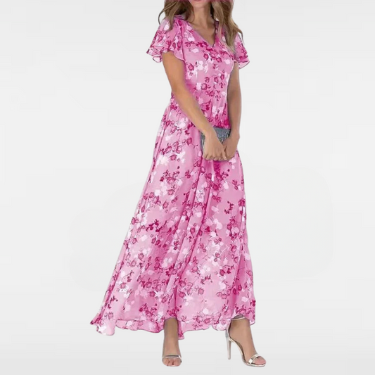 Pink floral short-sleeve dress with V-neck and gathered midi skirt