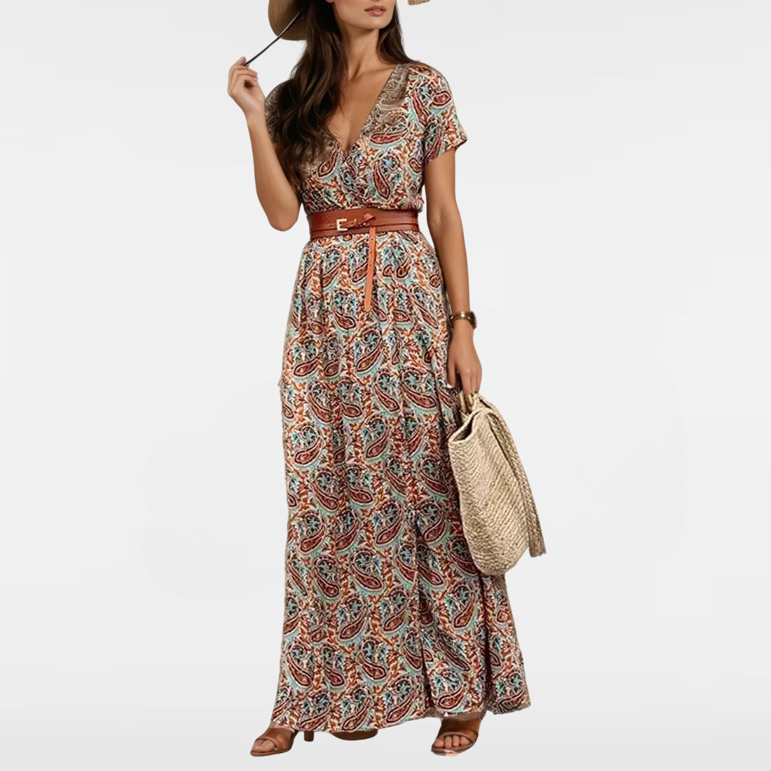 Paisley print maxi summer dress with V-neck, short sleeves, and waist tie belt