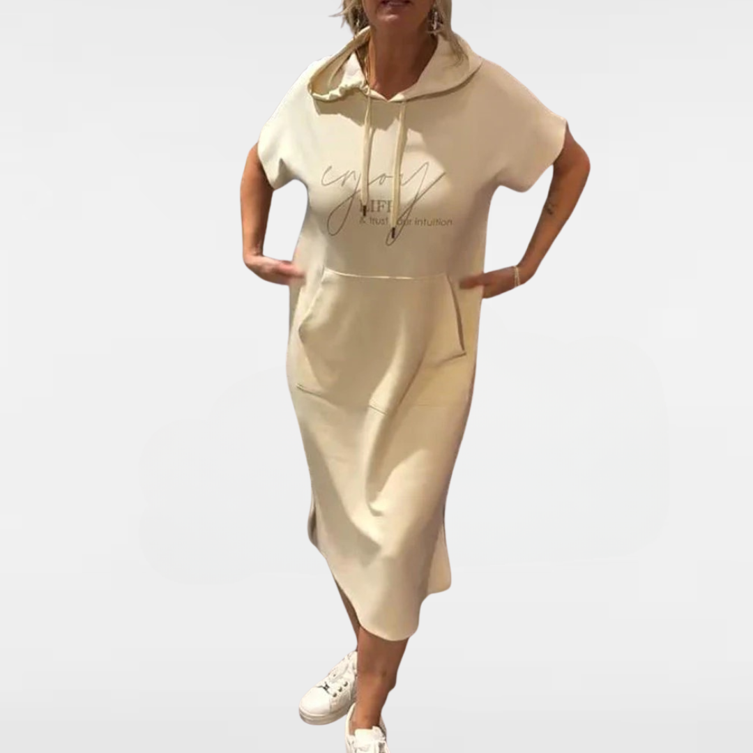 Long hooded dress, light beige, short sleeves and front pocket, drawstring hood