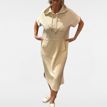 Long hooded dress, light beige, short sleeves and front pocket, drawstring hood