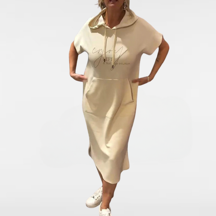 Long hooded dress, light beige, short sleeves and front pocket, drawstring hood