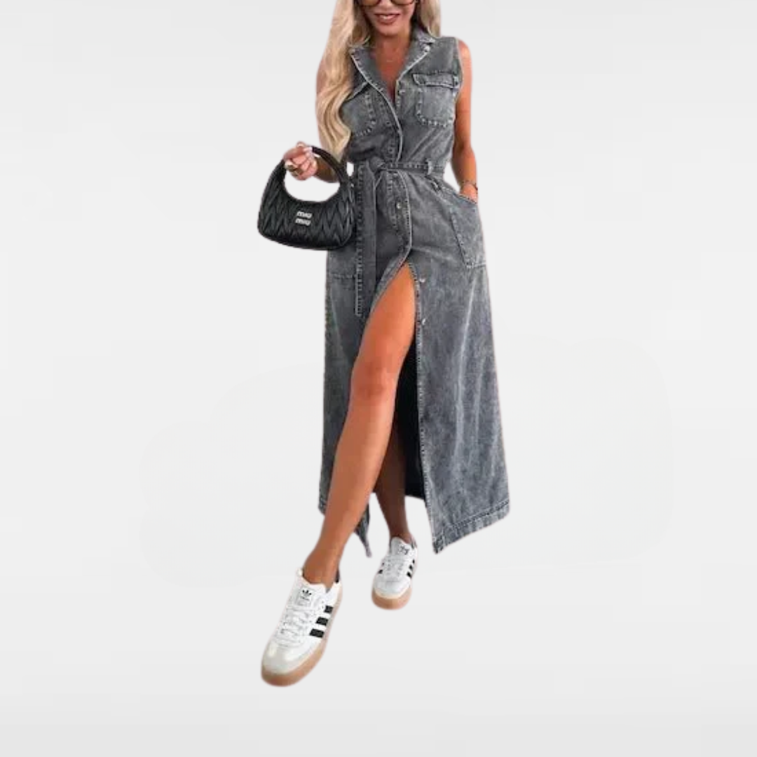 Light blue denim maxi dress with sleeveless collared bodice and front tie waist