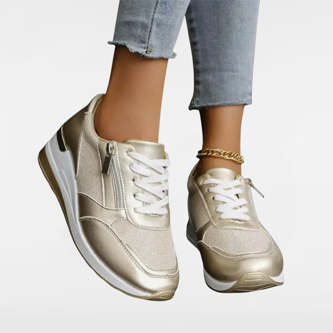 Metallic lace-up sneakers with side-zip, chunky sole, silver and gold