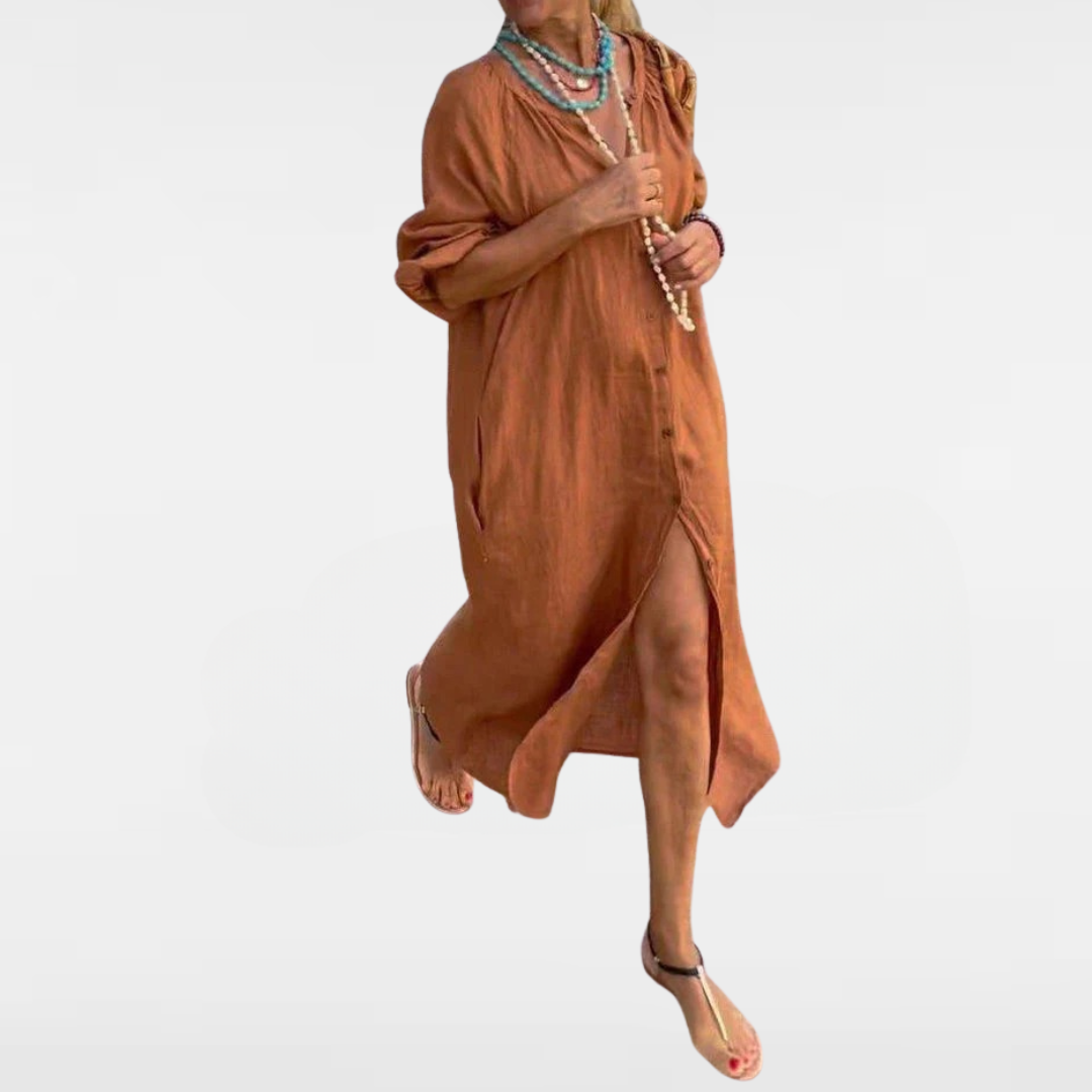 Casual long button-front dress, rust-brown, long sleeves, front button placket, side slit