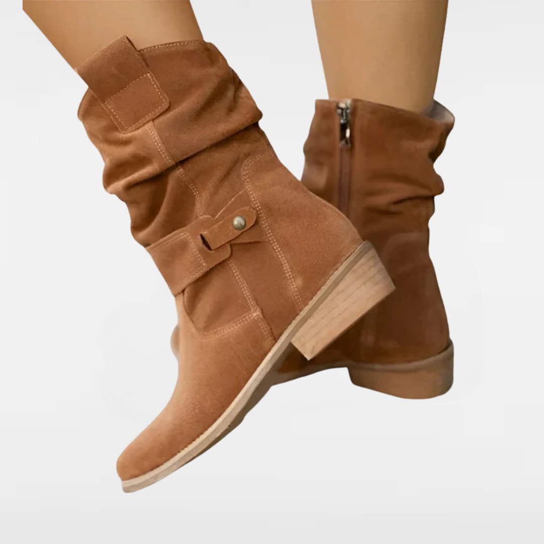 Brown suede ankle boots with side zipper, buckle strap, and low block heel
