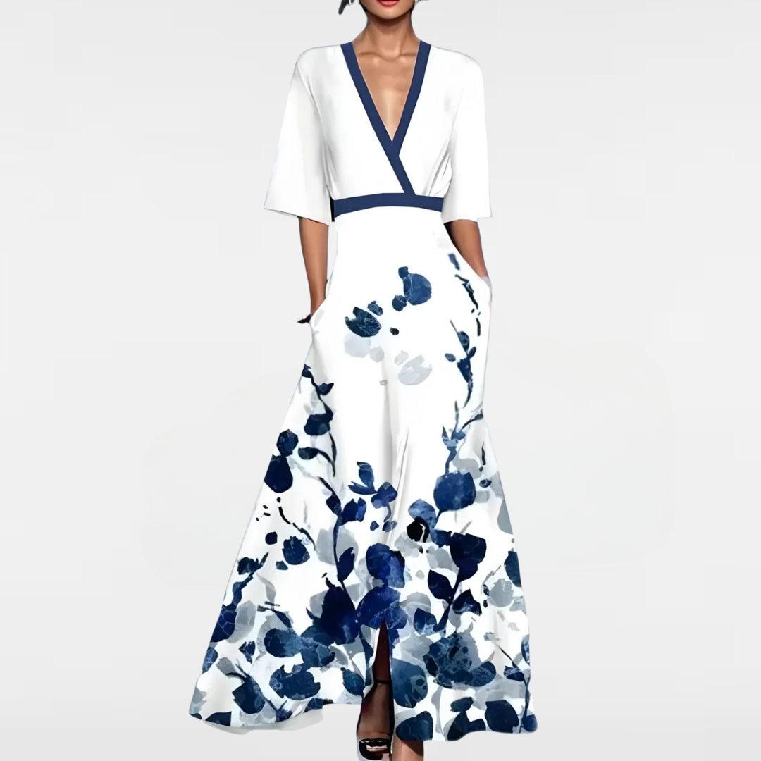 Floral maxi dress in white with navy abstract blossoms, V-neck, wrap waist, short sleeves