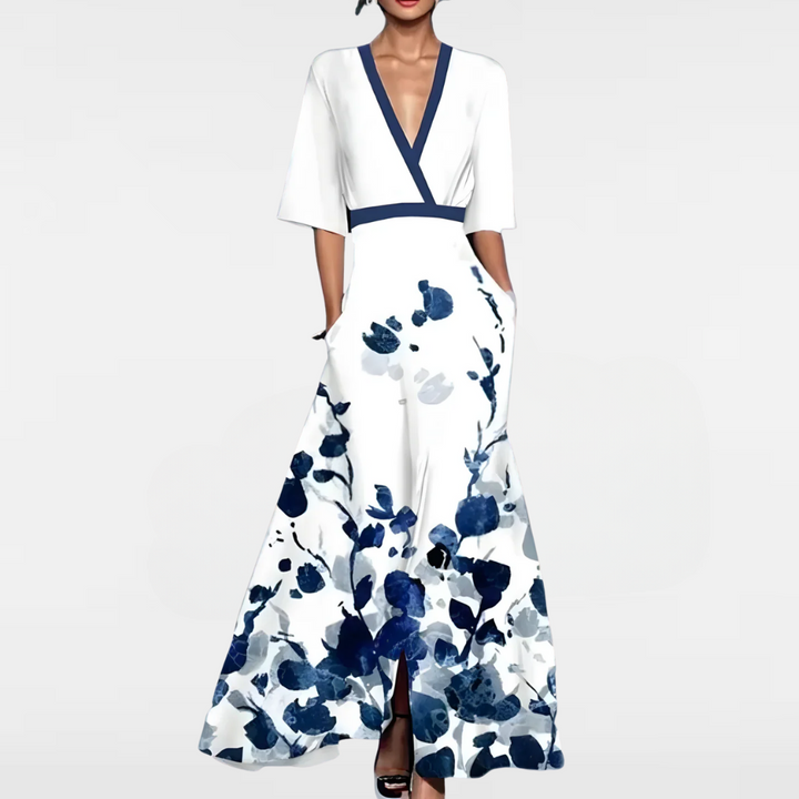 Floral maxi dress in white with navy abstract blossoms, V-neck, wrap waist, short sleeves