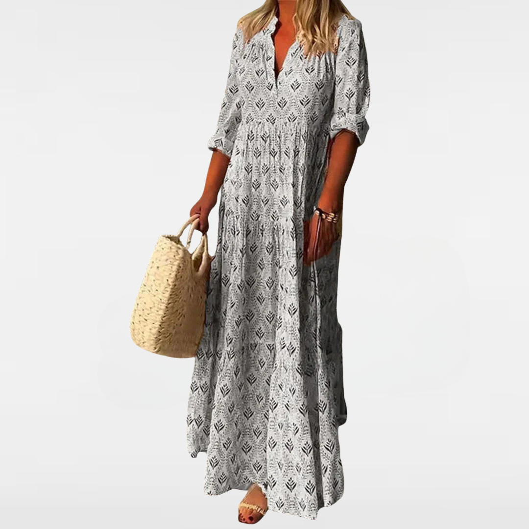 Boho maxi dress, grey with allover leaf pattern, V-neck and tiered skirt