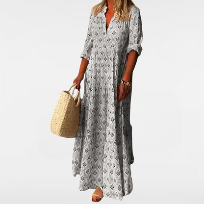 Boho maxi dress, grey with allover leaf pattern, V-neck and tiered skirt