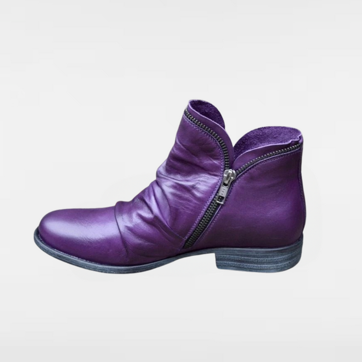 Purple leather ankle boots with side zipper and low block heel