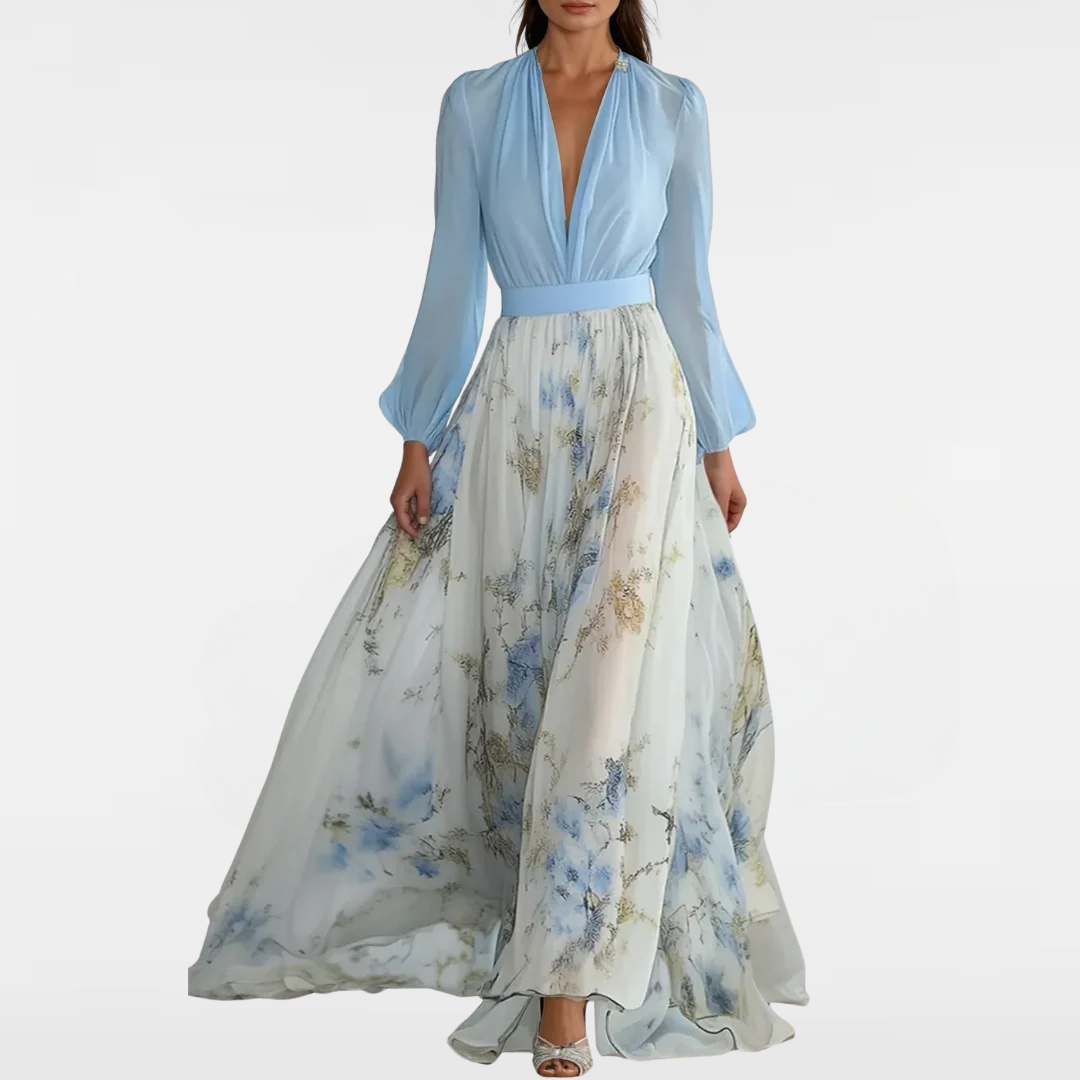 Floral print maxi dress with light blue long-sleeve bodice and deep V neckline