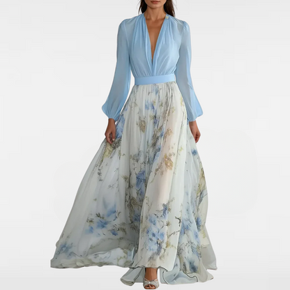 Floral print maxi dress with light blue long-sleeve bodice and deep V neckline