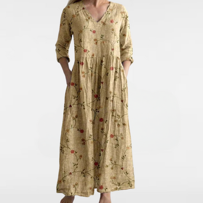 Beige long floral maxi dress with V-neck, 3/4 sleeves, gathered waist, full-length skirt