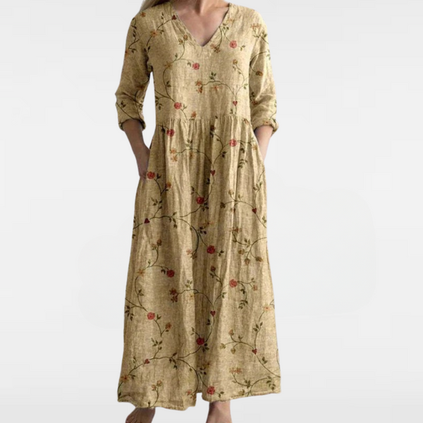 Beige long floral maxi dress with V-neck, 3/4 sleeves, gathered waist, full-length skirt