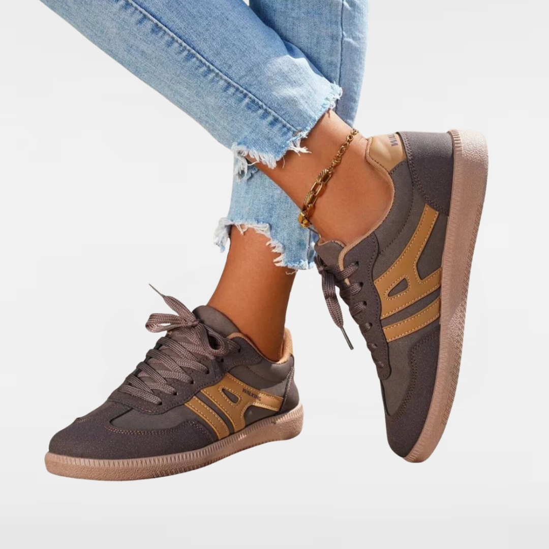 Brown suede-style all-day support shoes, lace-up with side panels and gum sole