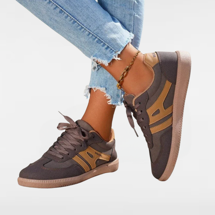 Brown suede-style all-day support shoes, lace-up with side panels and gum sole
