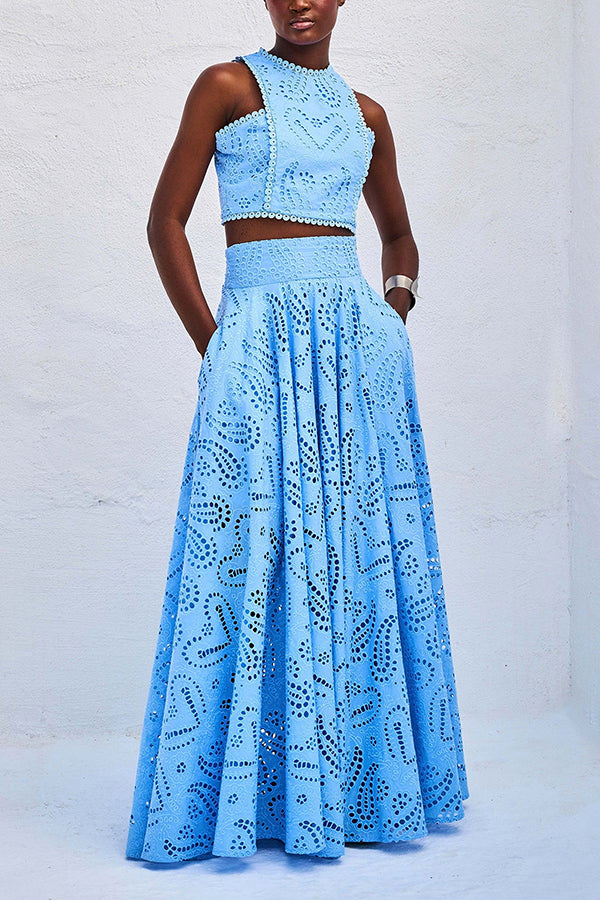 Blue embroidered sleeveless crop top and high-waist maxi skirt set with detailed bodice