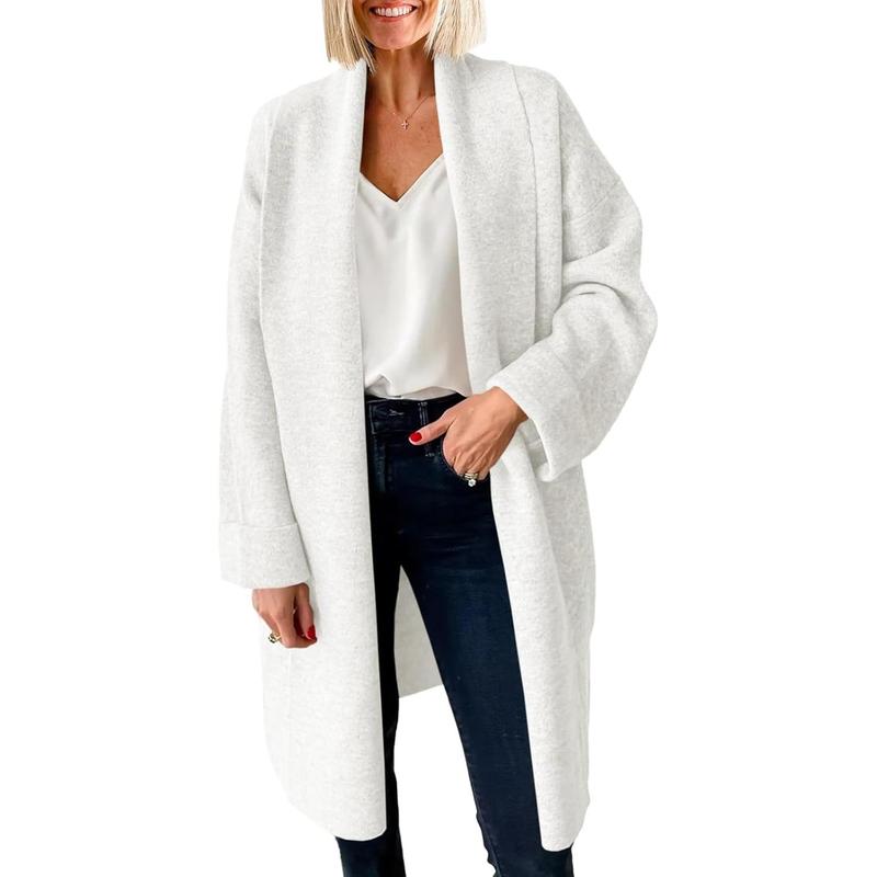 Light gray oversized long open-front cardigan, chunky knit with relaxed drape.