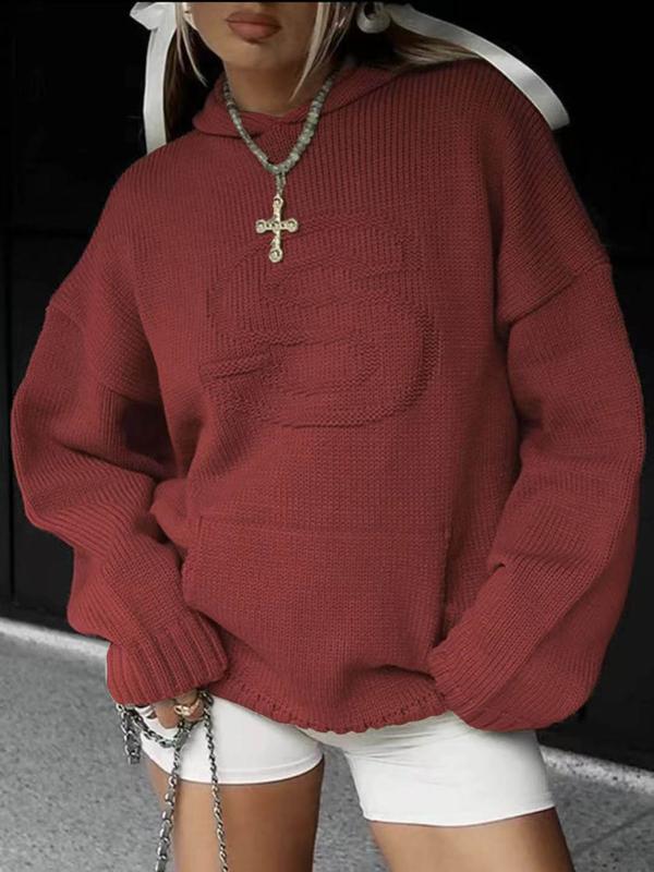 Red women's knit hoodie with drawstring hood and front kangaroo pocket.