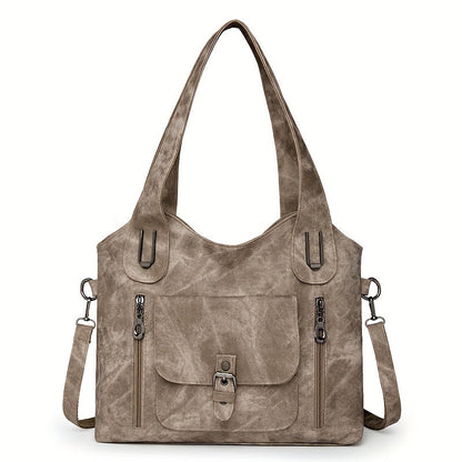 Taupe suede-look shoulder bag with top handles, flap pocket, and two zip compartments