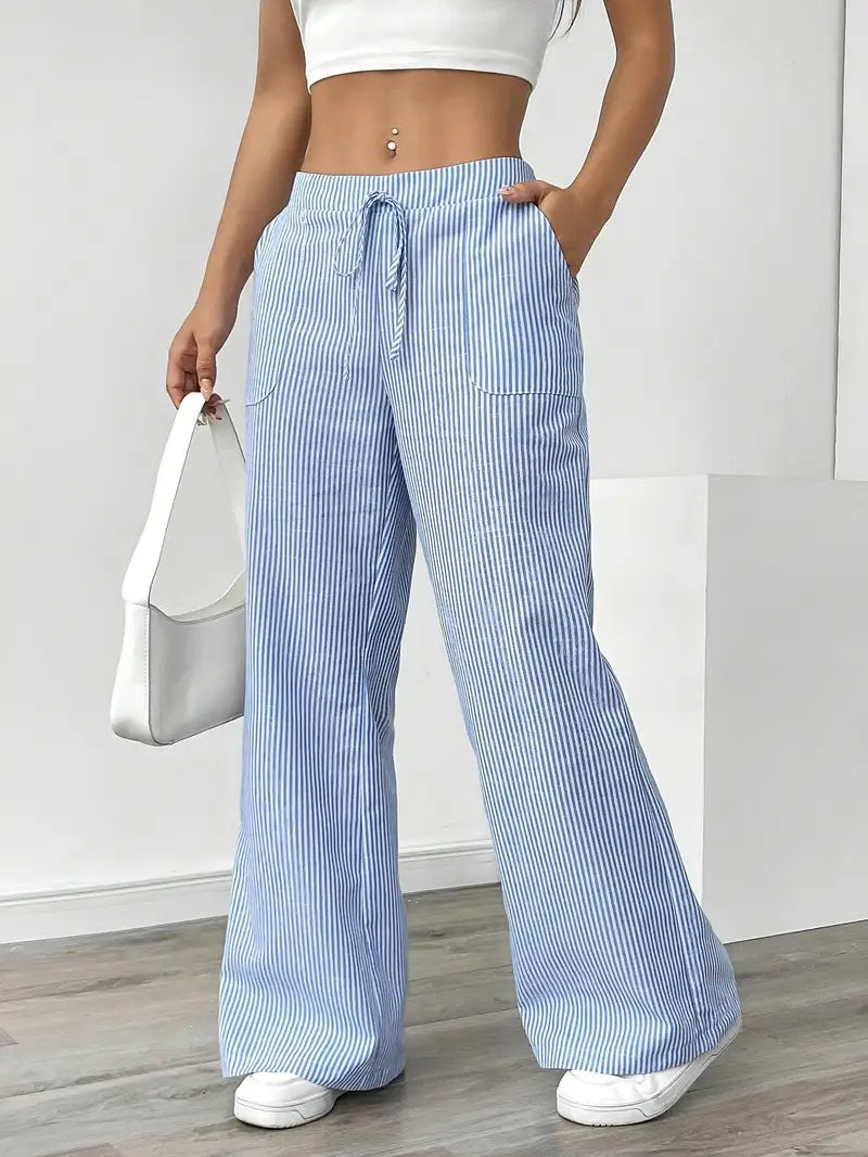 Blue striped wide-leg pants with elastic drawstring waist and side pockets