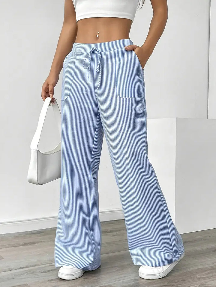 Blue striped wide-leg pants with elastic drawstring waist and side pockets
