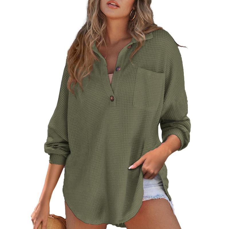 Oversized waffle-knit V-neck long-sleeve sweater, army green