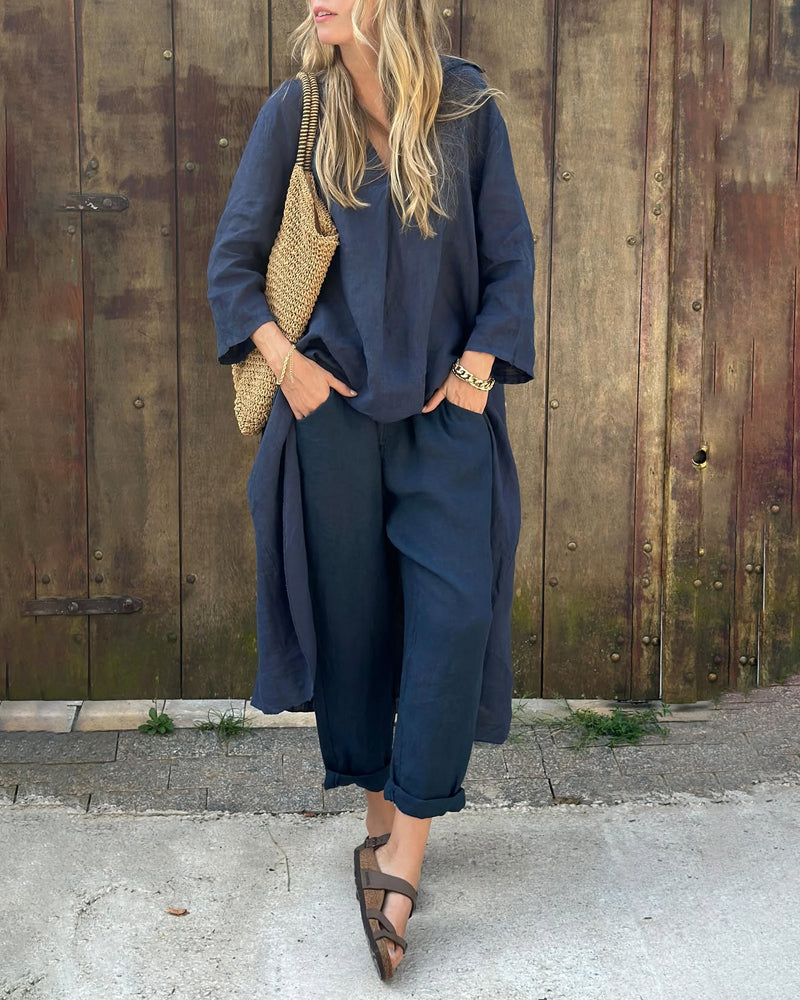Navy blue two-piece set with V-neck tunic top and relaxed-fit cropped pants