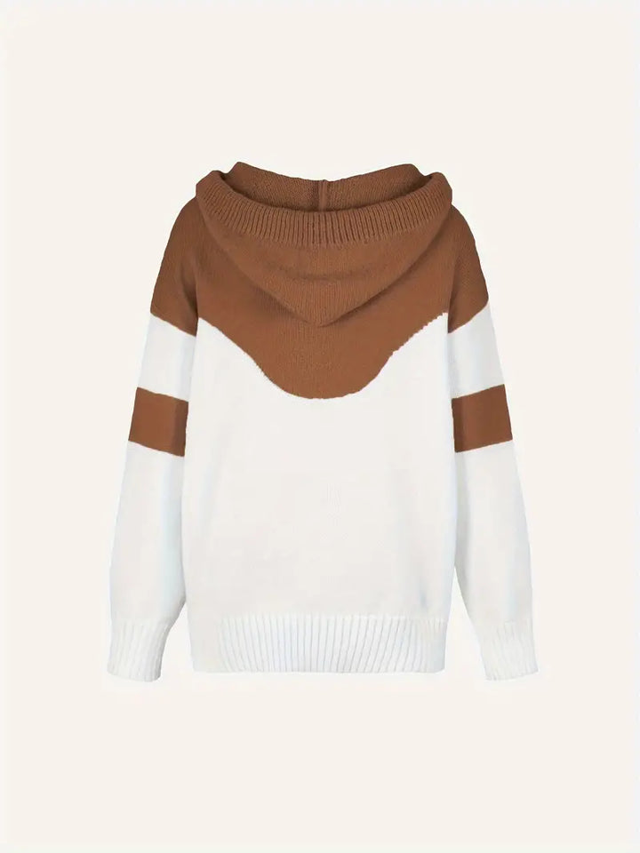Dual-tone cosy hoodie laid flat; hooded neckline with brown body and white sleeves