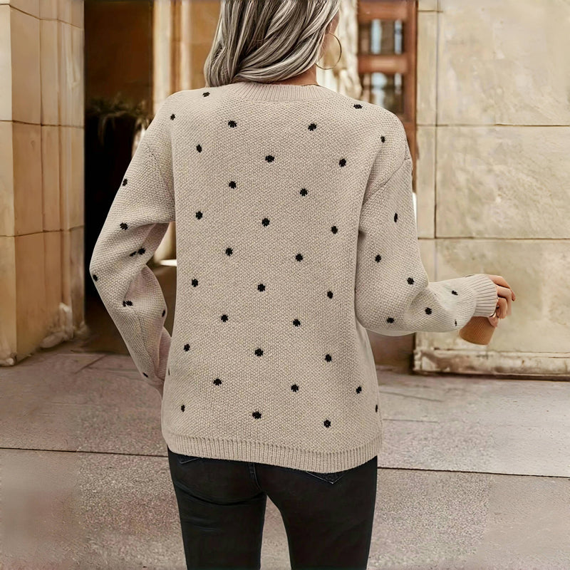 MAEVE™ polka dot sweater back view with black dot pattern and ribbed hem