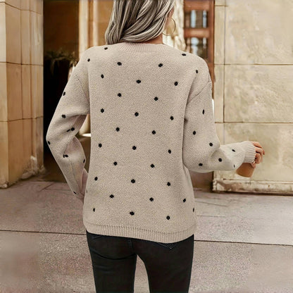 MAEVE™ polka dot sweater back view with black dot pattern and ribbed hem