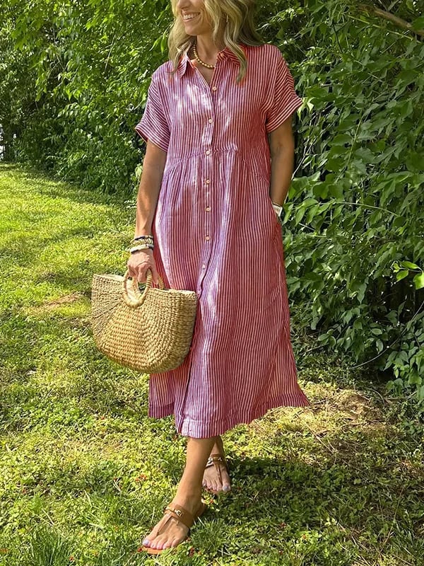 Red striped button-up dress with short sleeves and gathered waist.