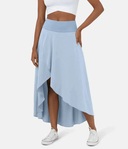 AMELIE asymmetric midi skirt in pale blue with high waist and layered high-low hem