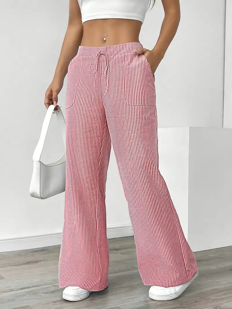 Pink striped wide-leg pants with elastic waist, drawstring, and side pockets