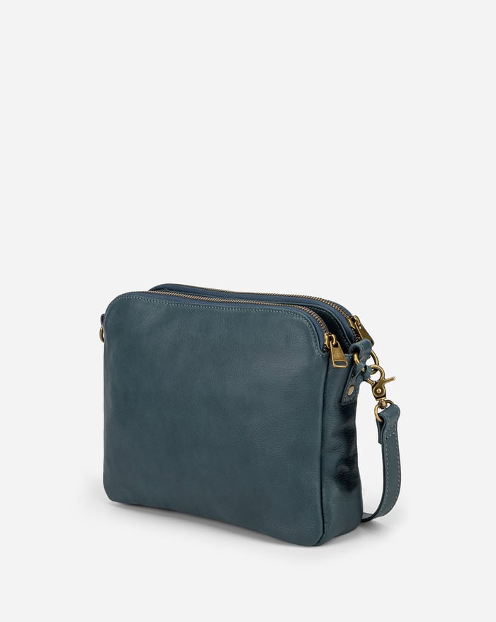 Jovie sleek three-layer crossbody bag in dark teal, front view with zip pocket