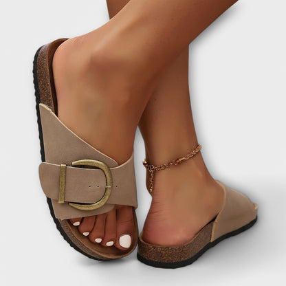 Avelina orthopedic sandals, beige with wide strap and buckle at the ankle