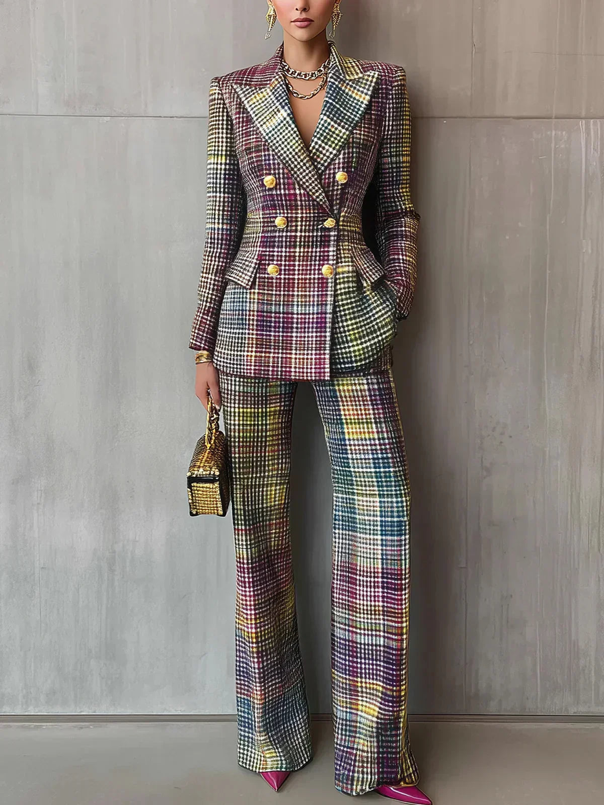 Tailored plaid pantsuit with double-breasted blazer, gold buttons, and wide-leg trousers
