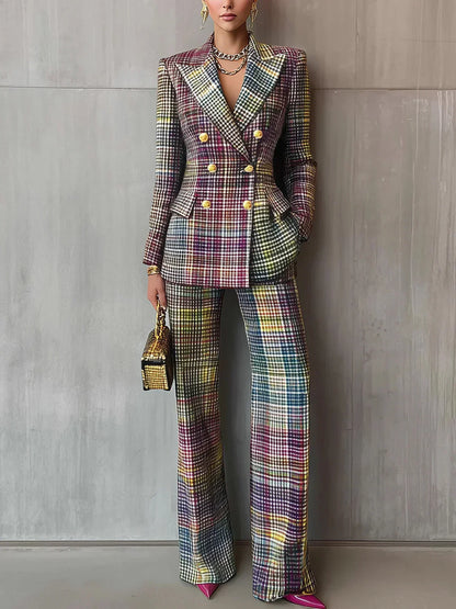 Tailored plaid pantsuit with double-breasted blazer, gold buttons, and wide-leg trousers