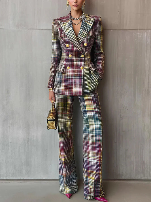 Tailored plaid pantsuit with double-breasted blazer, gold buttons, and wide-leg trousers