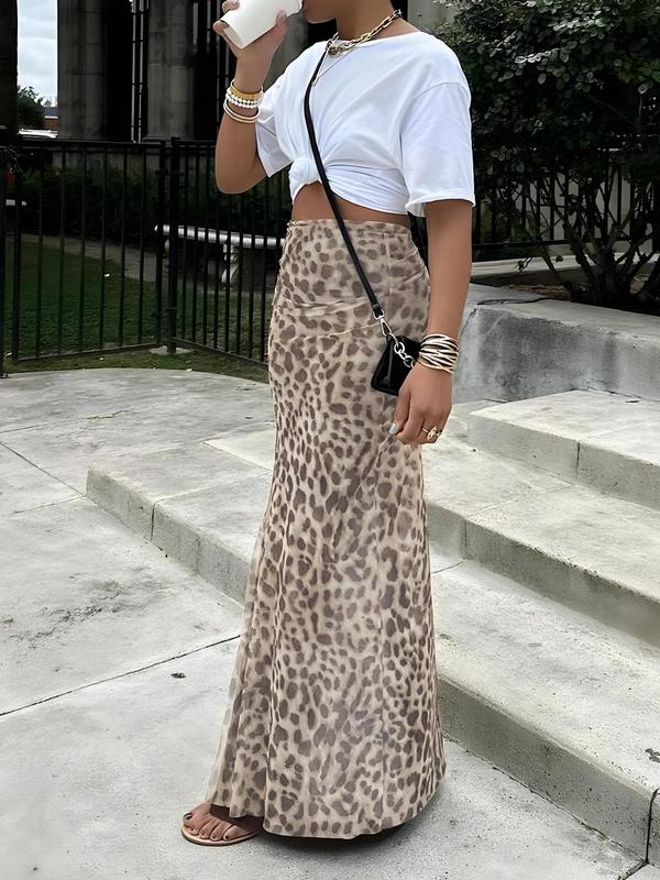 Leopard print high-waist bodycon skirt, beige with dark spots
