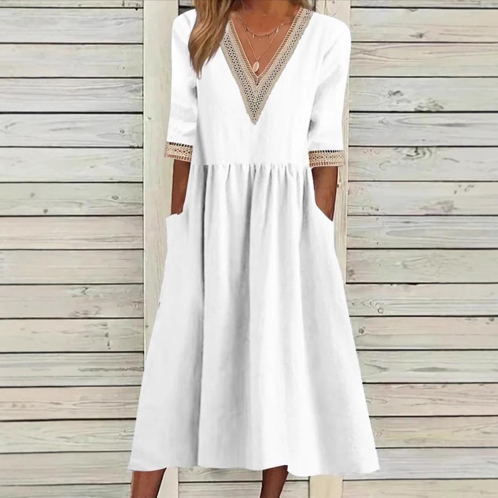 Lace-collar mid-length dress in white with V neckline and lace-trimmed three-quarter sleeves