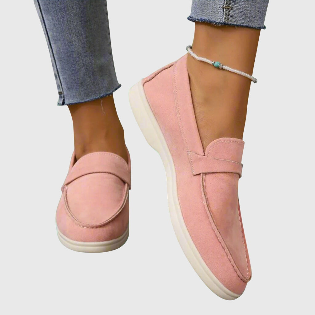 Orthopedic loafers in pink suede with slip-on moc toe and side stitch detail