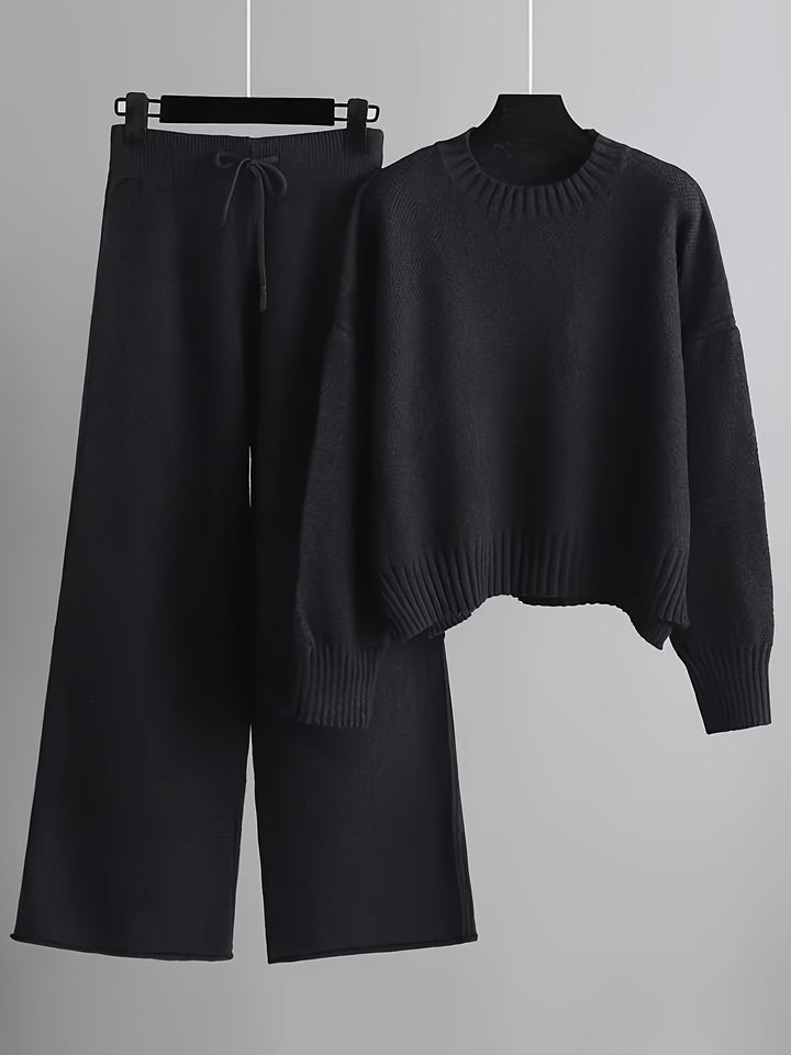 Black knit sweater and wide-leg trousers loungewear set