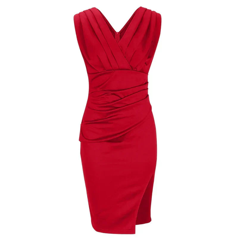Red bodycon dress with V-neck and sleeveless draped waist detail, knee-length.