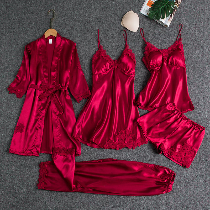 Red satin silk 5-piece nightwear set with lace-trim robe, camisole, and shorts