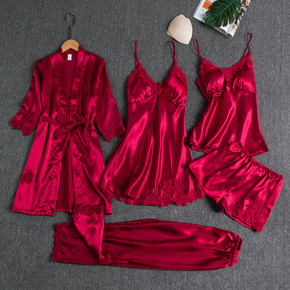 Red satin silk 5-piece nightwear set with lace-trim robe, camisole, and shorts